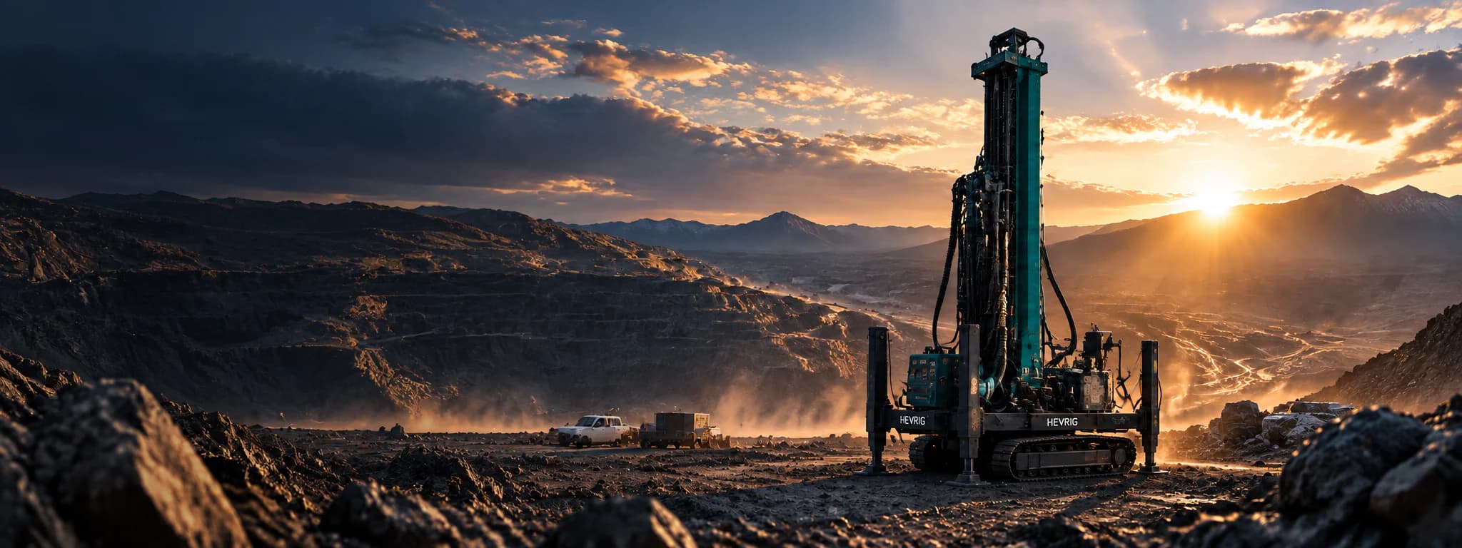 HEVRIG drilling rig operating in an open-pit mining landscape